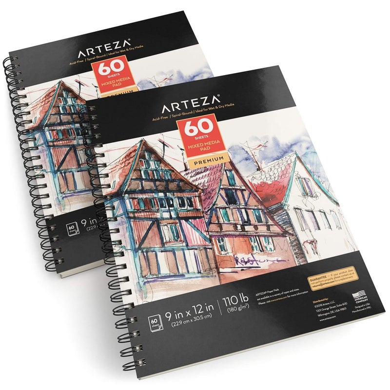 ARTEZA Mixed Media Sketchbook, 9x12 Inches â€“ 2-Pack, 60 Spiral-Bound Sheets, 110 lb Acid-Free Paper for Wet & Dry Media: Acrylic, Ink, Pencil & More - Image 2